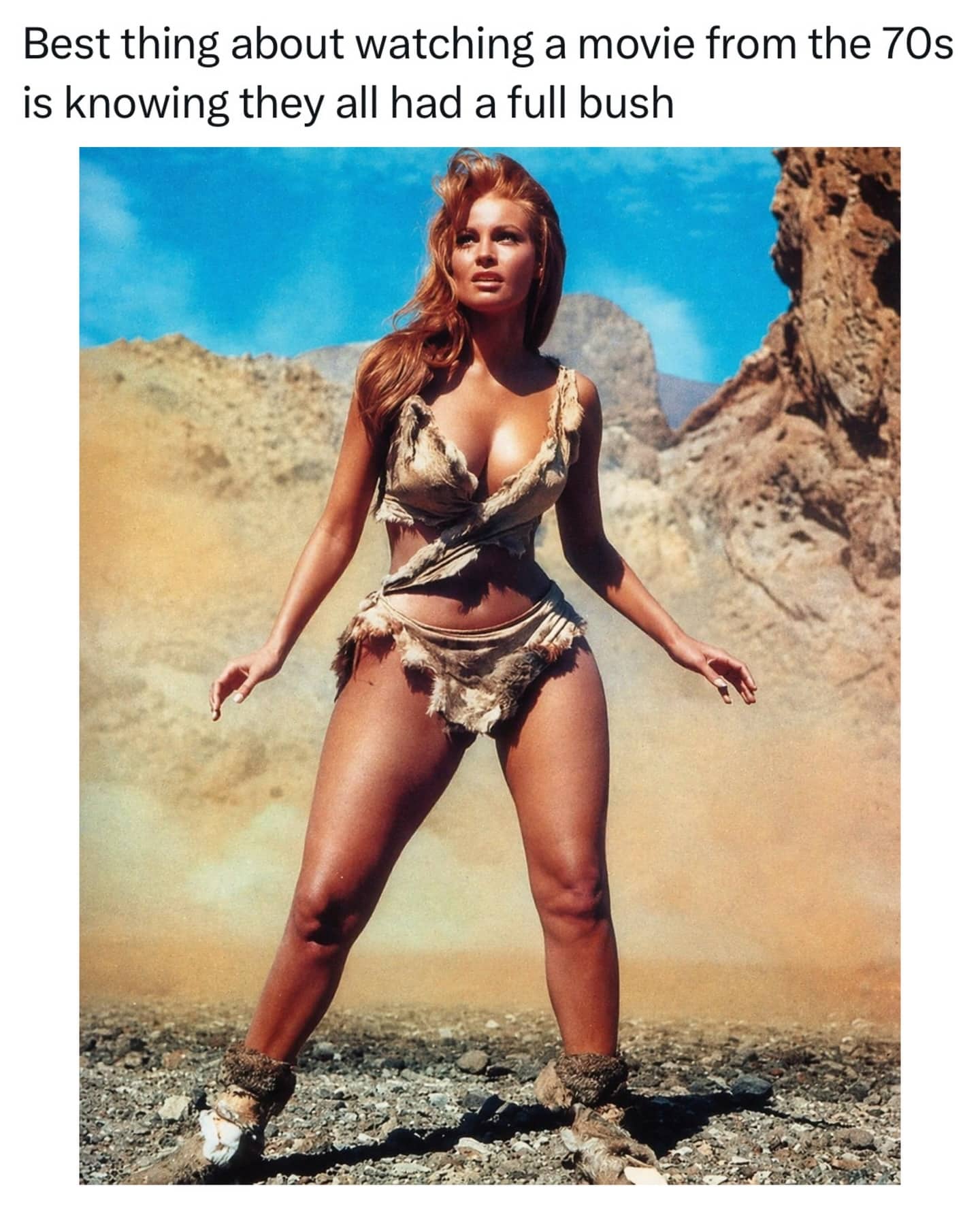 Classic photo of Raquel Welch in fur bikini with a joke about 1970s grooming trends.