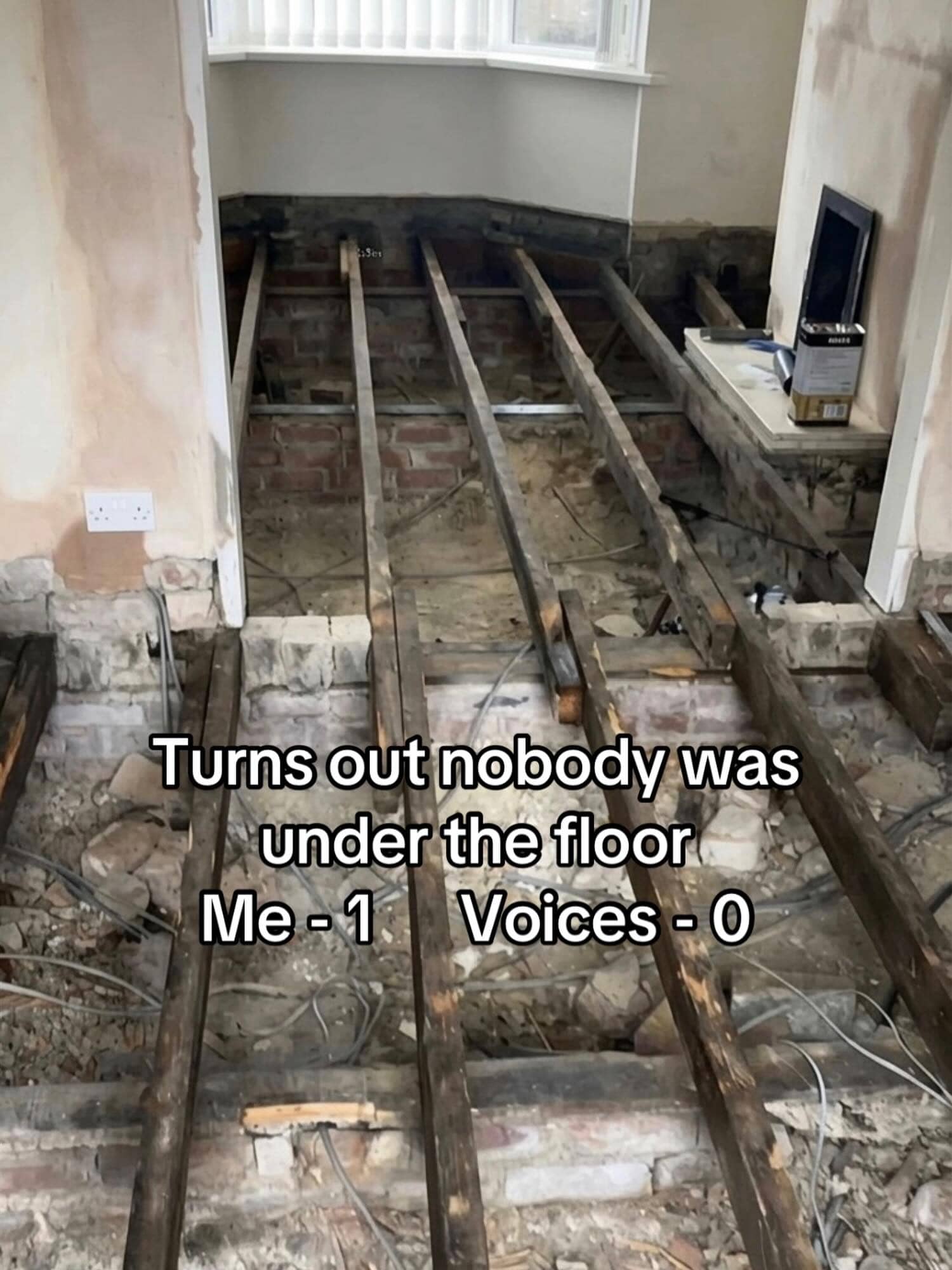 Torn up floorboards in a house with meme text about the voices being wrong.