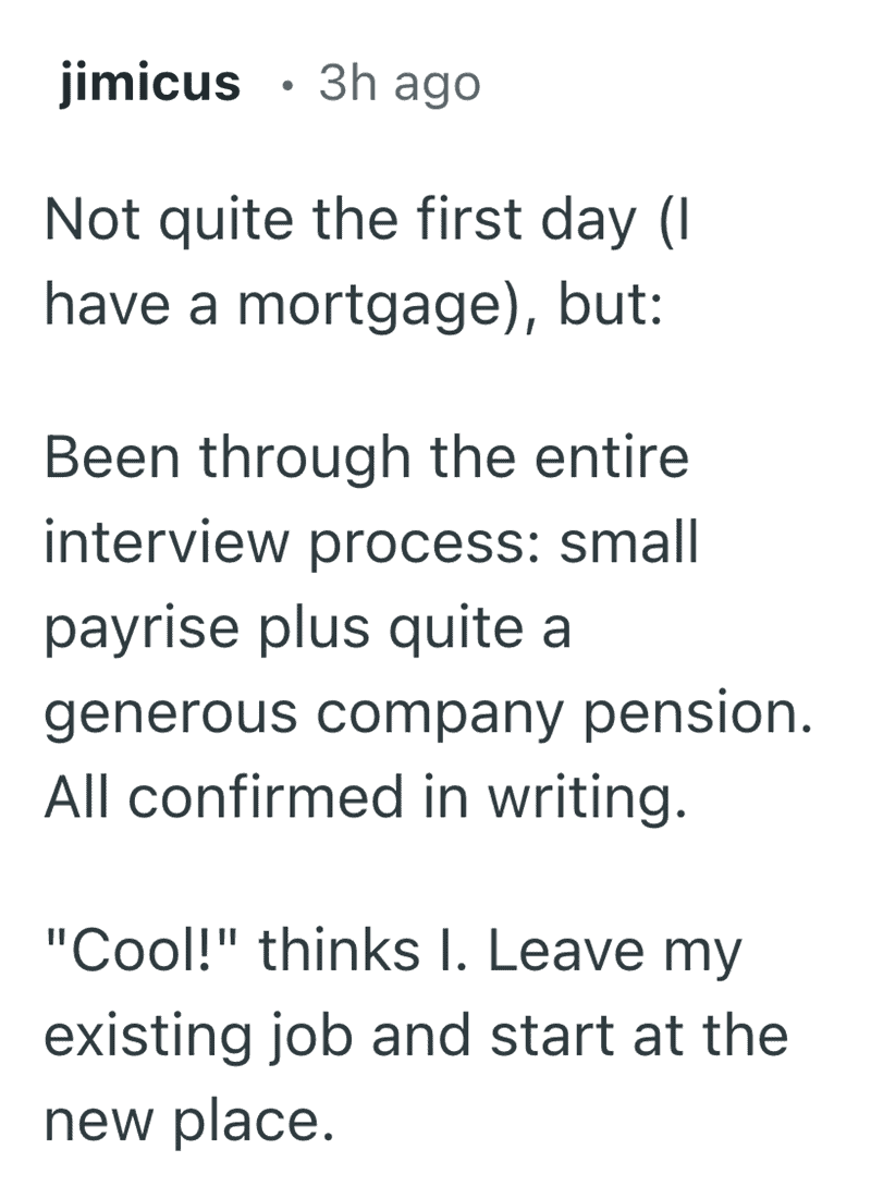 Part one of a job switch story by jimicus. The user left an existing job for a promised pay rise and a "generous company pension" in writing, documenting the start of one of the most justified funny reasons people quit their job.