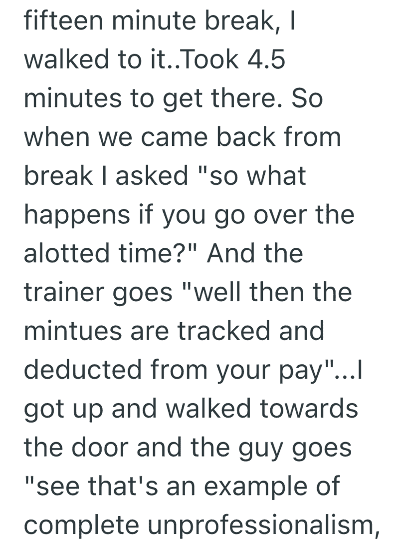 Part two of the call center walk-out. After timing the walk to the bathroom at 4.5 minutes, the user asked what happens if they exceed their 7-minute limit. The trainer’s response that pay would be deducted led the user to walk directly to the exit—a legendary moment in the history of funny reasons people quit their job.