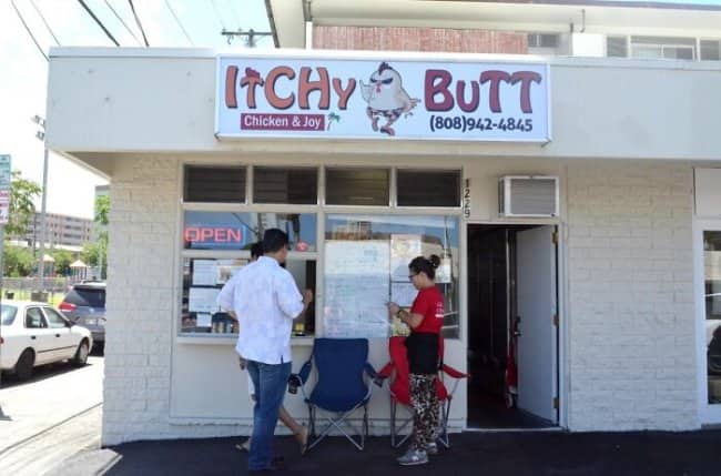 Itchy Butt Chicken & Joy storefront with customers ordering at window, unfortunate but memorable name choice.