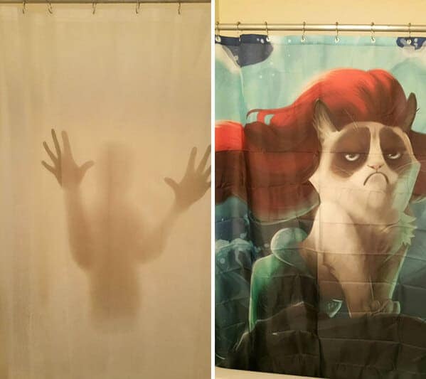 A side-by-side comparison of two funny shower curtains. The left shows a classic creepy silhouette of a person pressing their hands against the curtain. The right shows "Grumpy Cat" edited to be the Little Mermaid, looking absolutely miserable with flowing red hair and a green tail.