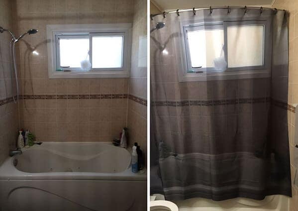 A mind-bending funny shower curtain shown in a before-and-after shot. The curtain is a high-resolution photograph of the exact bathroom it is hanging in, creating an eerie, "infinite loop" visual illusion that hides the tub.