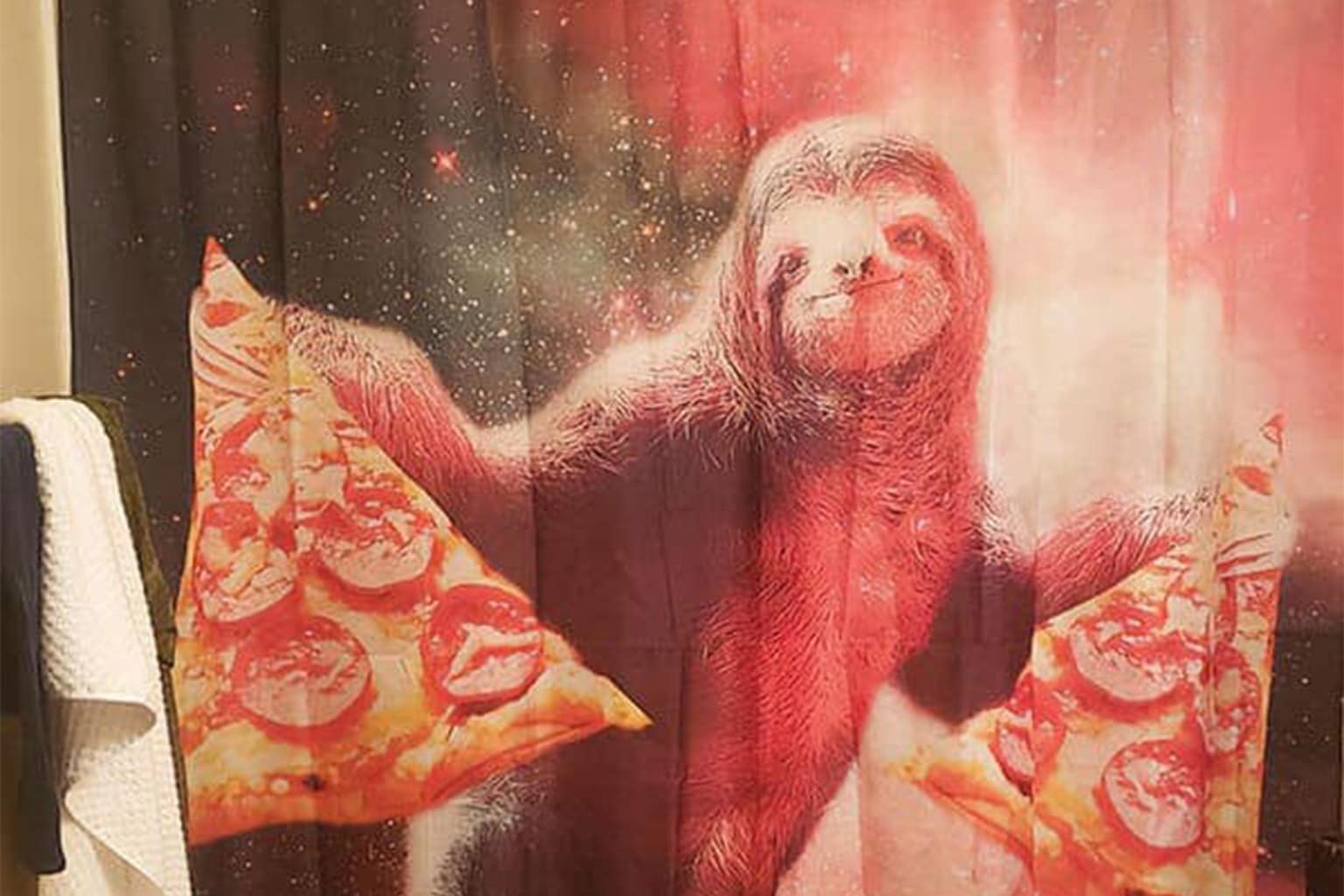 A definitive gallery of funny shower curtains in 2026, featuring a judgmental Jesus peeking from the side with the text "I saw that," Cookie Monster reimagined as the "Great Wave off Kanagawa" made of chocolate chips, and a giant sloth reenacting the King Kong climb on the Empire State Building.