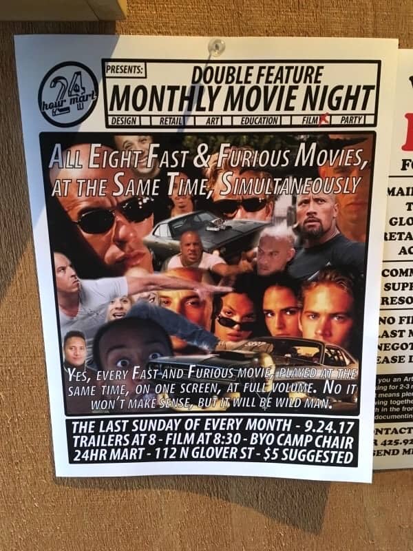 Absurd movie night flyer promising all eight Fast and Furious films playing simultaneously at full volume
