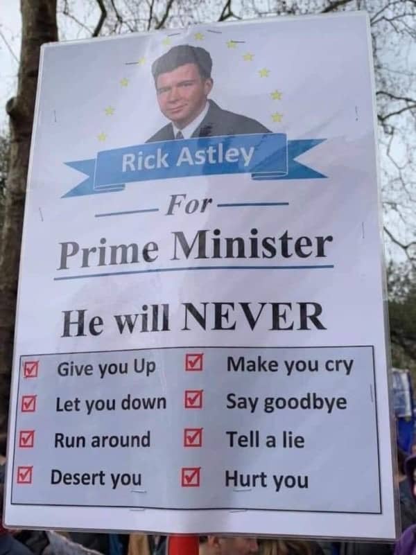 Protest sign campaigning for Rick Astley for Prime Minister listing his never gonna give you up promises