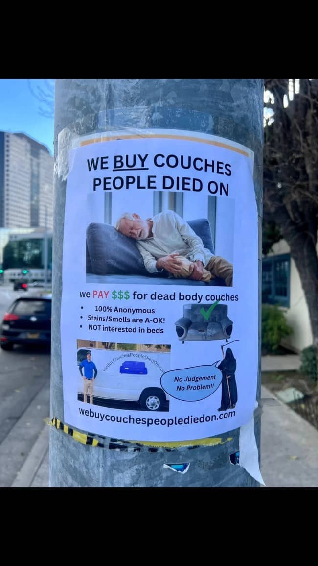 Bizarre telephone pole flyer advertising cash paid for couches that people have died on