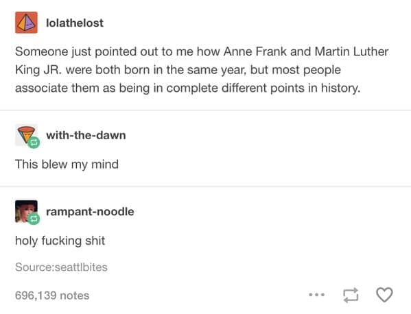 A viral funny tumblr post by user lolathelost that triggers a collective existential crisis. The text reveals that Anne Frank and Martin Luther King Jr. were born in the same year (1929), shattering the common misconception that they existed in completely different centuries of history.