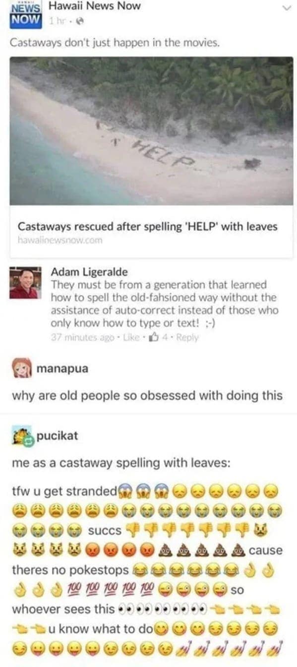 A generational-war funny tumblr post featuring a news story about castaways using leaves to spell "HELP." After a boomer comments that they must be a "generation that doesn't need autocorrect," user pucikat counters with a leaf-spelled message full of Gen-Z slang and dozens of emojis about the lack of "pokestops" on the island.