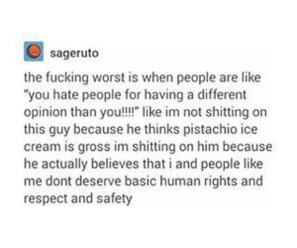 A sharp and sociopolitical funny tumblr post by user sageruto. The text deconstructs the "different opinion" defense often used in arguments, clarifying that while disliking pistachio ice cream is a valid opinion, believing certain people don't deserve basic human rights is a fundamental moral failure.