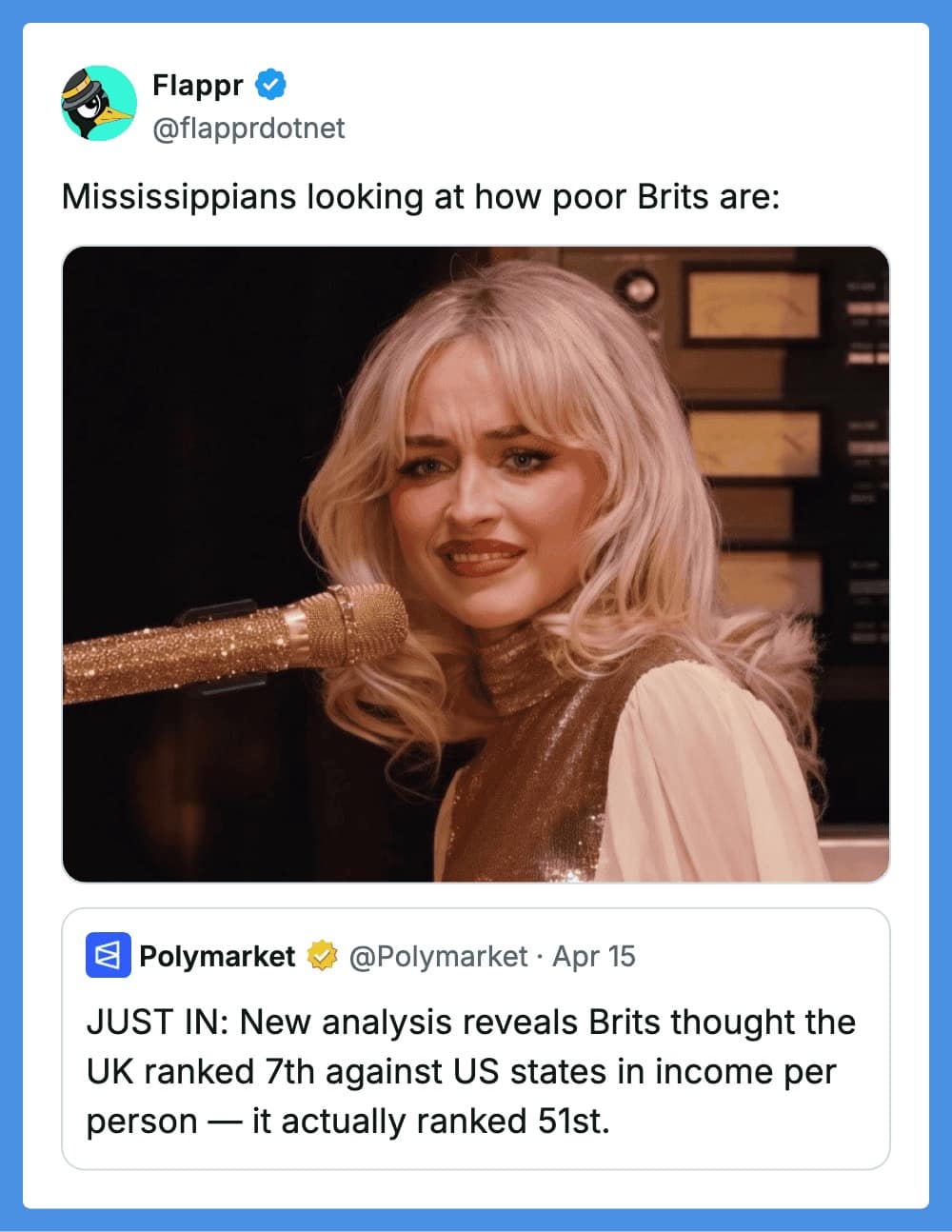A funny quote tweet regarding international economics. A news post reveals that the UK ranks 51st in income per person compared to US states. The reply features a skeptical and disgusted Sabrina Carpenter with the caption, "Mississippians looking at how poor Brits are."