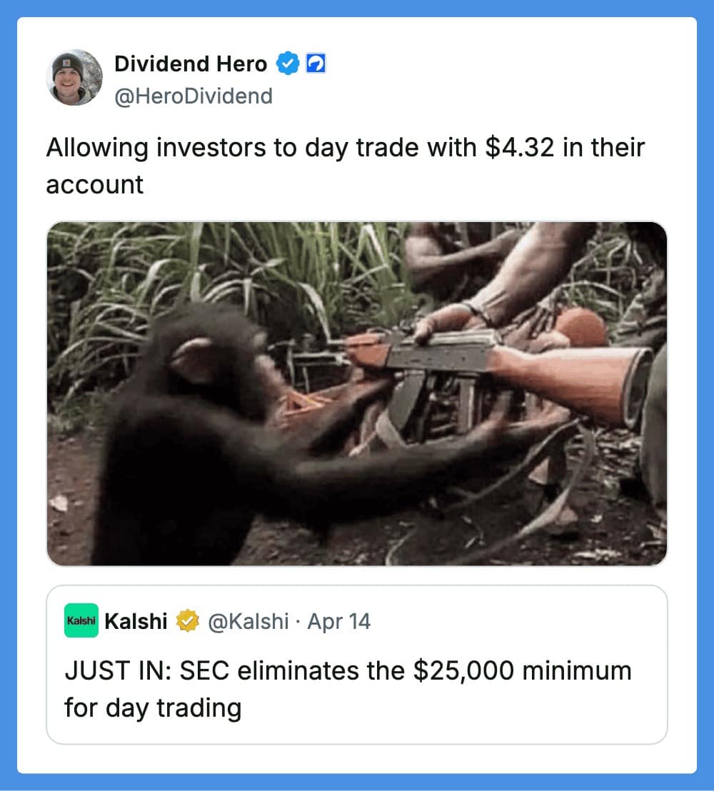 A funny tweet reply using the iconic meme of a chimpanzee being handed an AK-47 in the jungle. The post mocks the SEC’s decision to eliminate the $25,000 minimum for day trading, comparing small-budget investors to armed primates.
