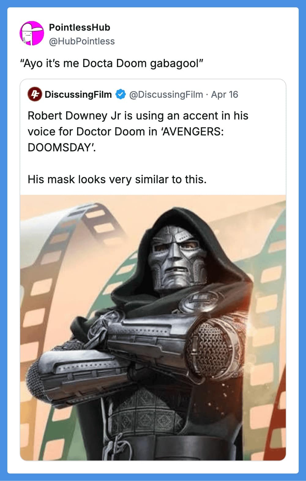 A funny tweet reply reacting to news that Robert Downey Jr. will use an accent for Doctor Doom in the next Avengers film. The reply leans into RDJ's charisma and mob-movie tropes: "Ayo it’s me Docta Doom gabagool."