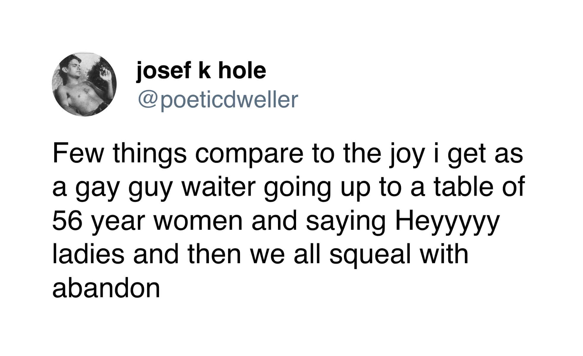 A wholesome and funny tweet from a waiter (@poeticdweller) describing the specific joy found when a gay waiter greets a table of middle-aged women with a flamboyant "Heyyyyy ladies," causing everyone to "squeal with abandon."