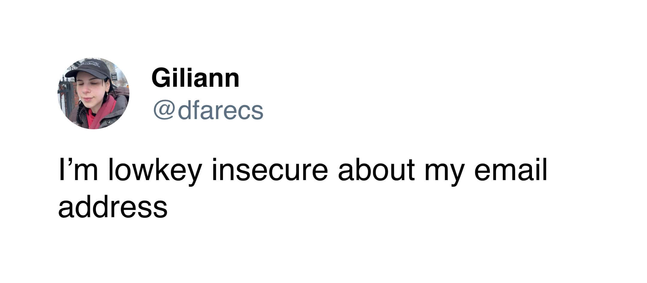 A vulnerable funny tweet from @dfarecs admitting that they are "lowkey insecure" about their personal email address.