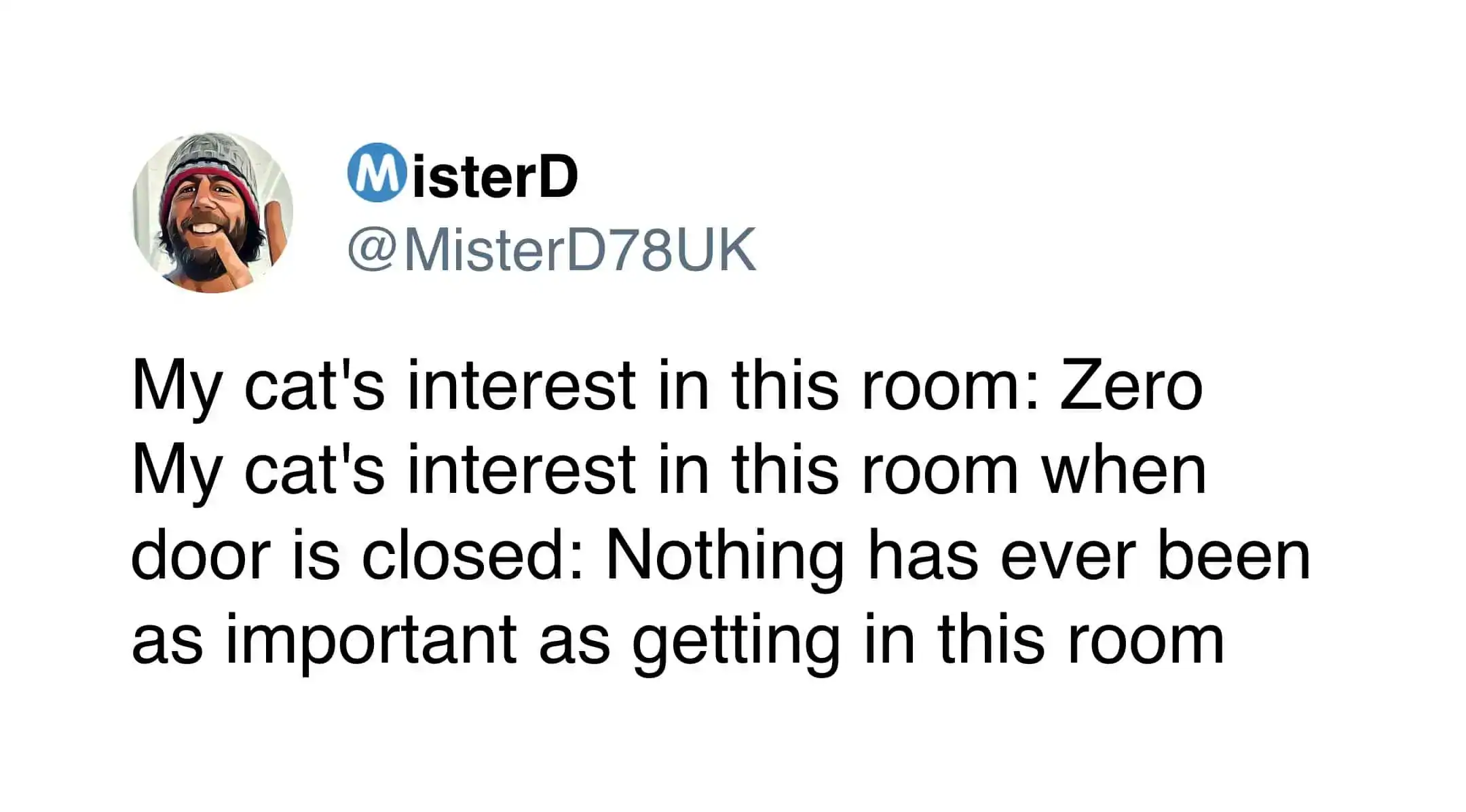 A funny tweet about pets from MisterD describing the "closed door paradox": a cat has zero interest in a room until the door is shut, at which point entering becomes the most important mission in its life.