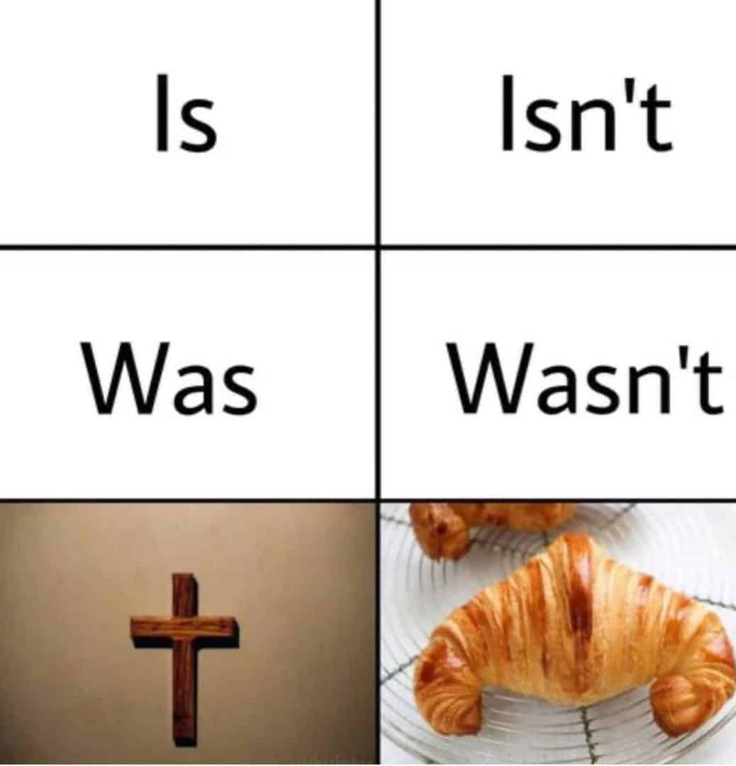 Four panel grammar chart using wooden cross for Was and croissants for Wasn't as visual puns