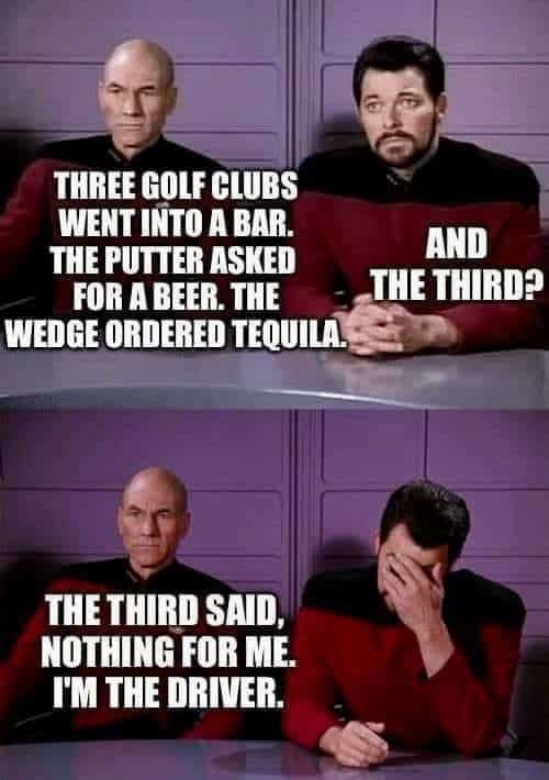 Star Trek Picard and Riker meme about three golf clubs in a bar with driver punchline pun