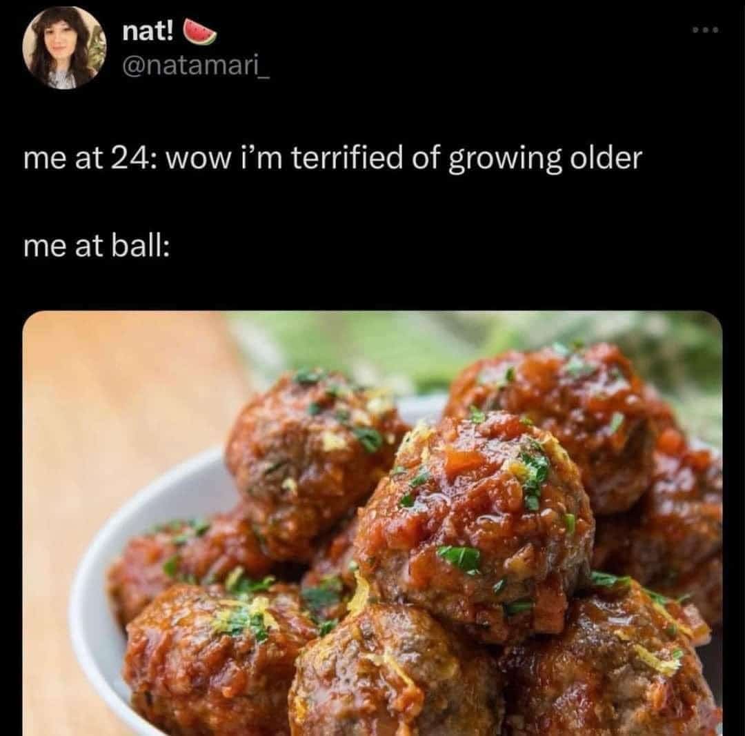 Twitter pun tweet showing meatballs photo for me at ball playing on age twenty four and meat pun