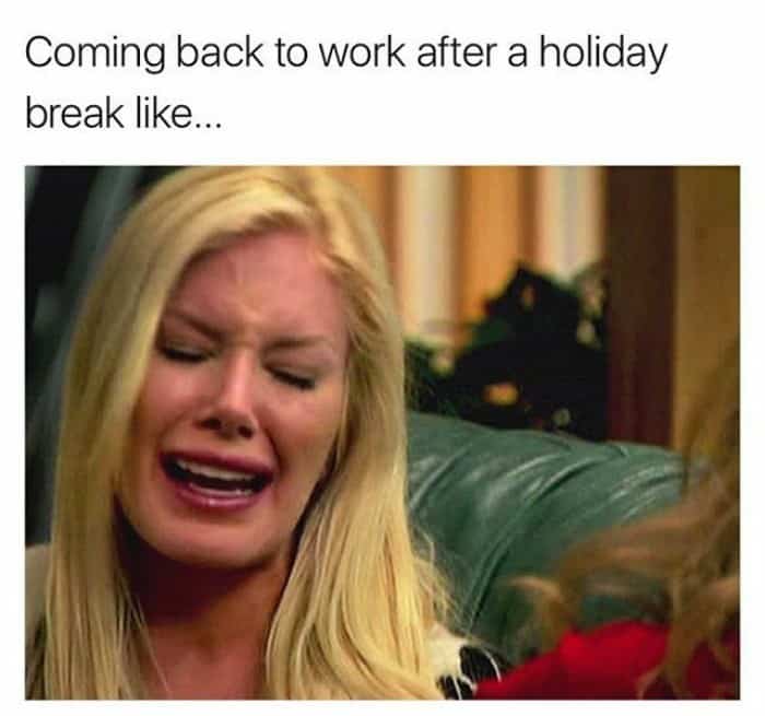 A dramatic funny work meme of a woman crying hysterically, representing the total emotional collapse of returning to a desk after a long holiday break.