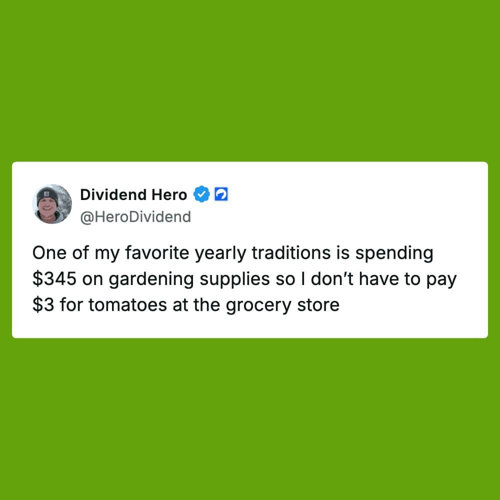 Screenshot of a tweet about spending hundreds on gardening supplies to save money on grocery tomatoes.
