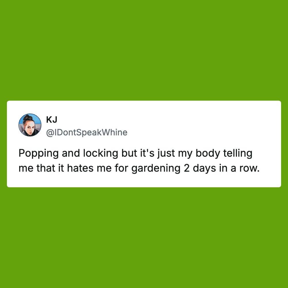 A humorous tweet comparing body aches from gardening to the dance style popping and locking.