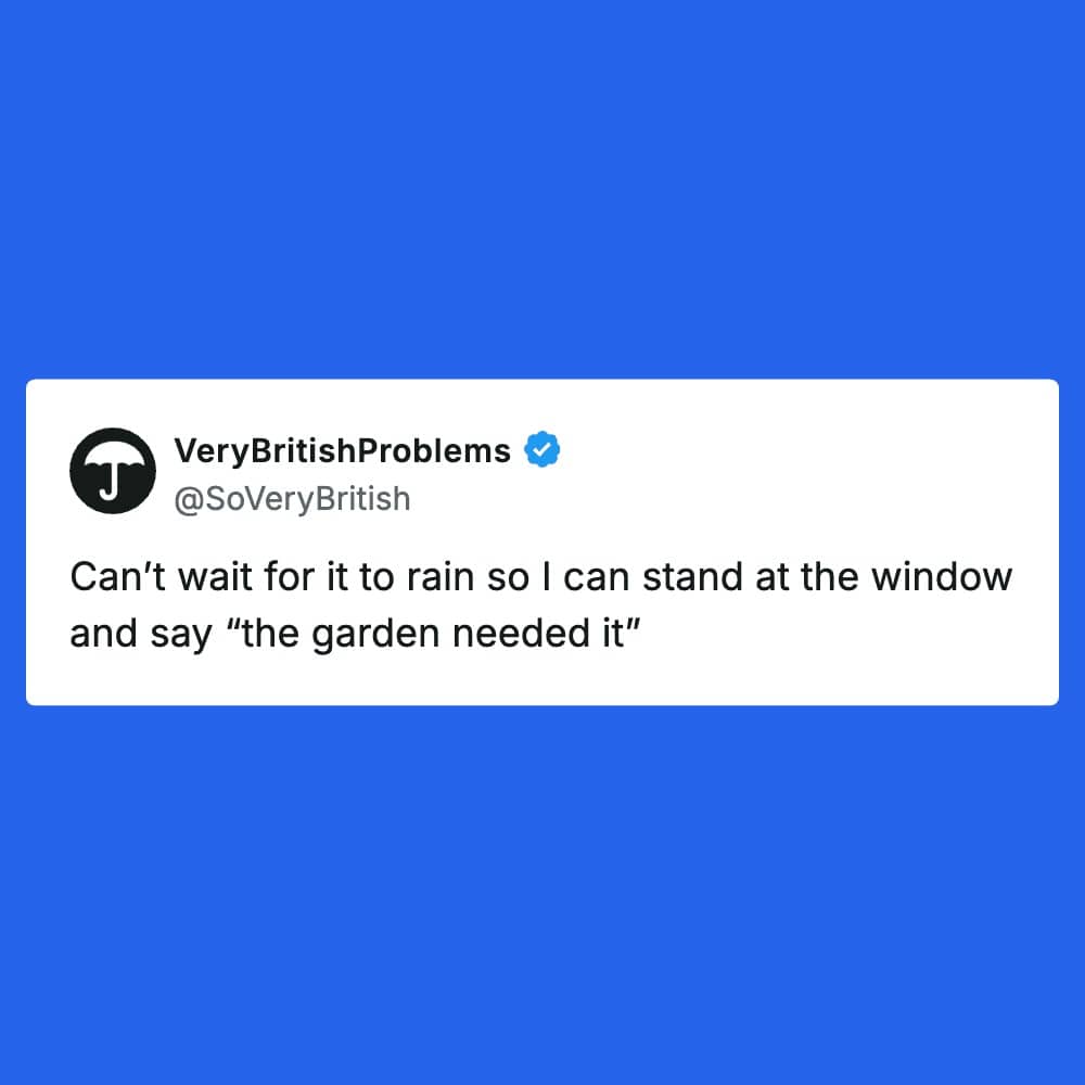 Tweet from VeryBritishProblems about waiting for rain just to say the garden needed it.