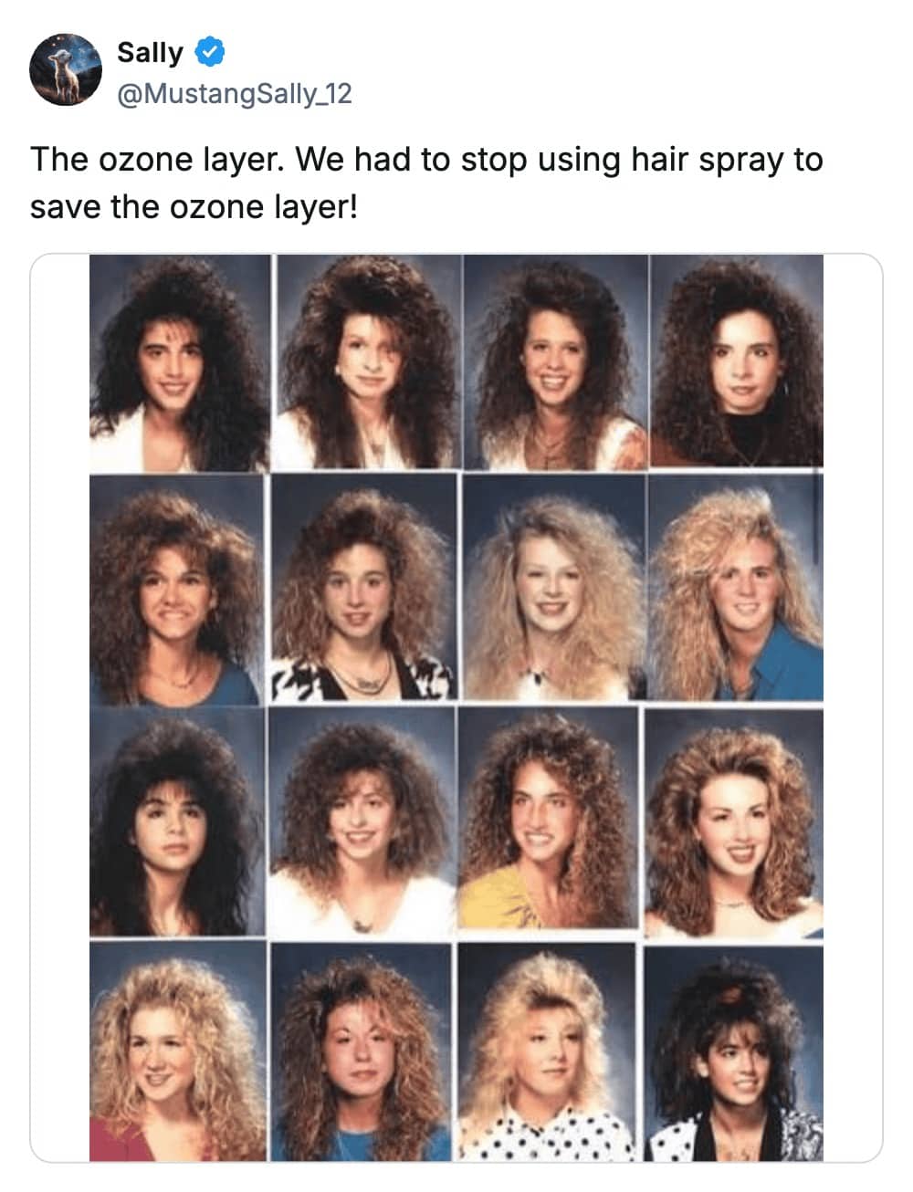Tweet about ozone layer fear and stopping hairspray use paired with grid of 1980s big hair yearbook photos