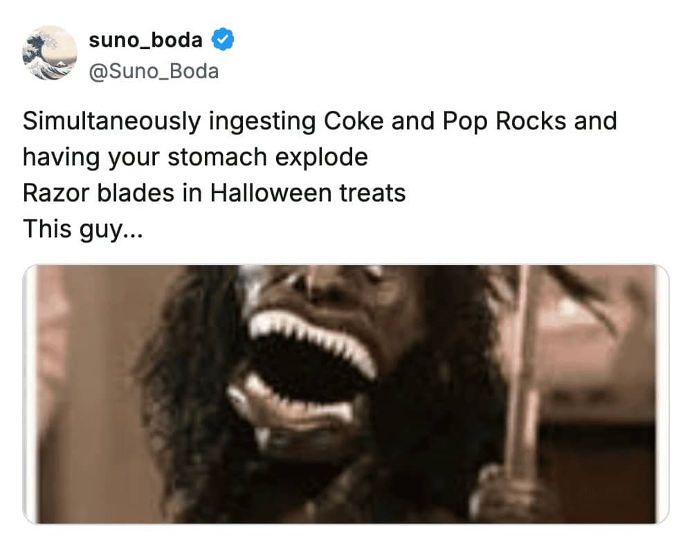 Tweet about Gen X fears of Coke and Pop Rocks stomach explosion razor blades in Halloween candy with werewolf image