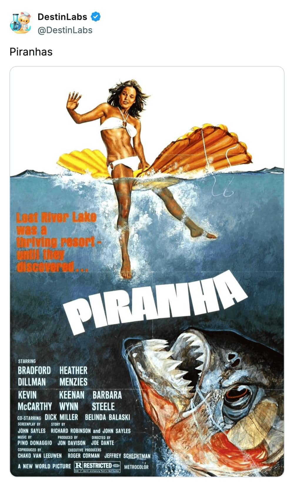 Tweet about piranha fear from Gen X childhood accompanied by original 1978 Piranha horror movie poster