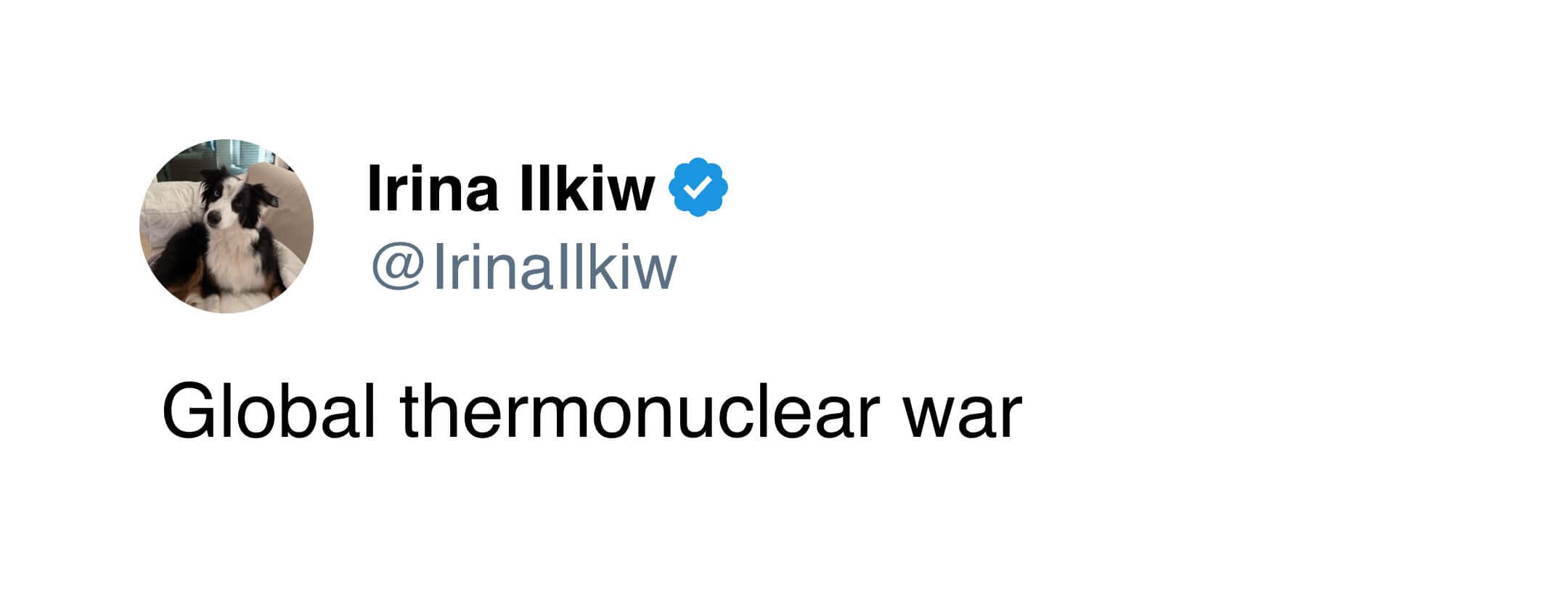 Tweet from user Irina Ilkiw listing global thermonuclear war as a Gen X irrational childhood fear