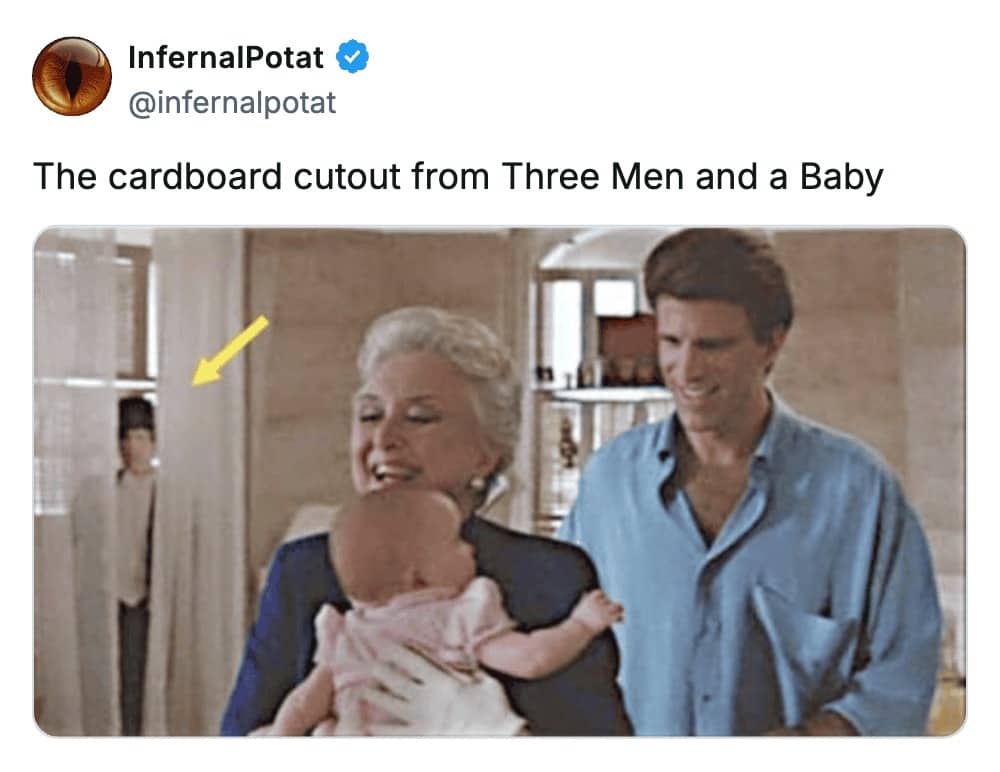 Tweet showing the infamous cardboard cutout ghost figure visible in background scene from Three Men and a Baby film