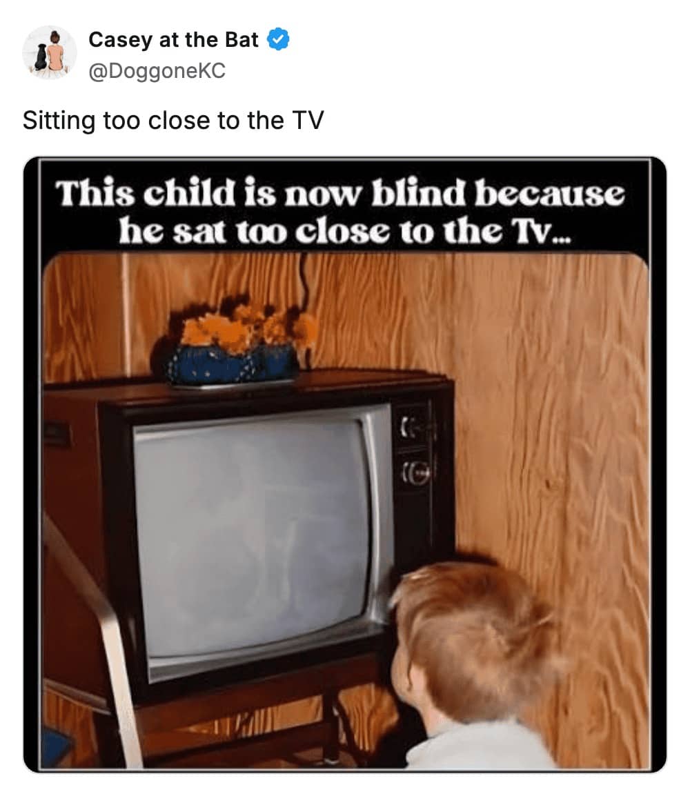 Tweet about sitting too close to the TV fear paired with vintage photo of child's face inches from old television set