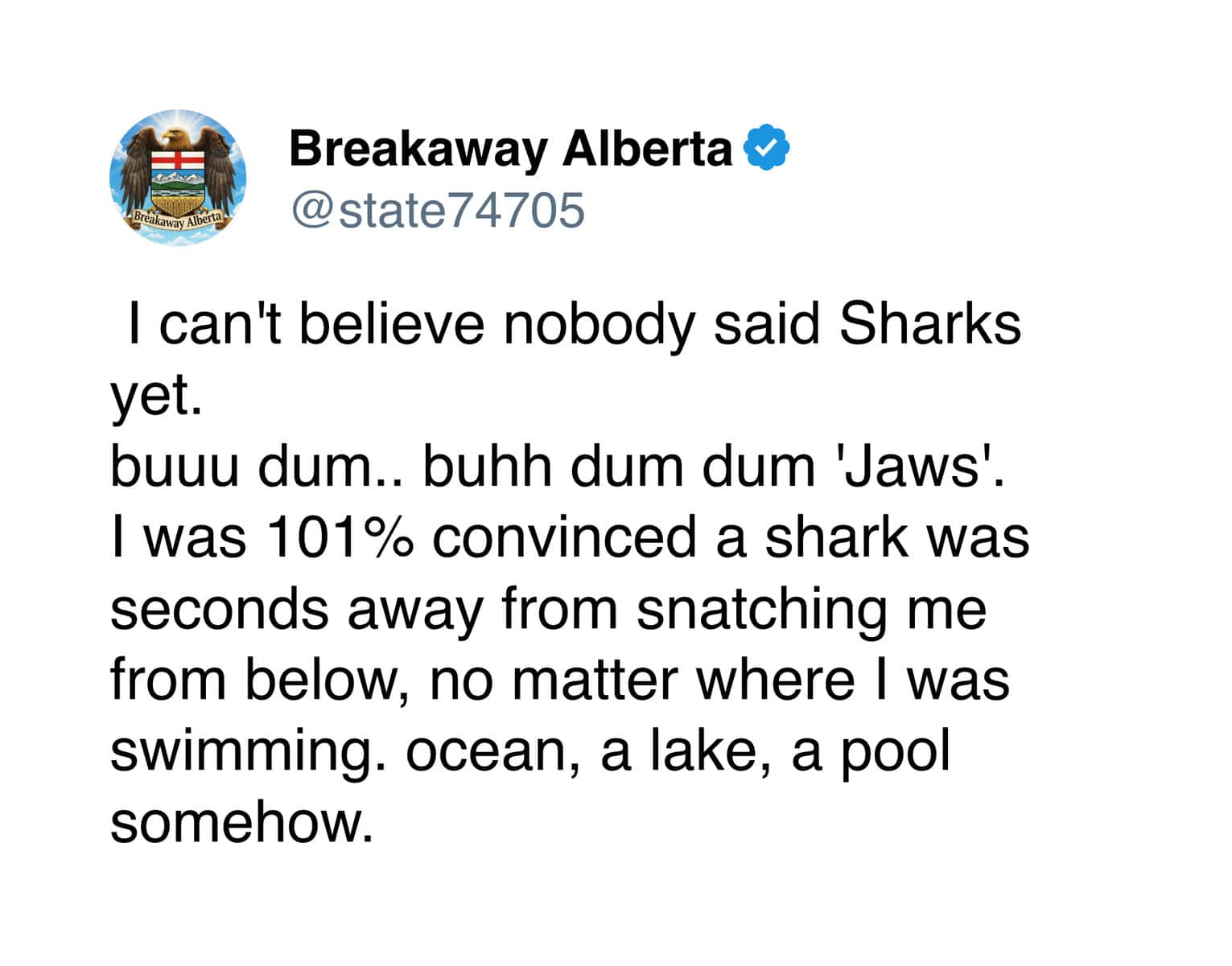 Tweet about Jaws-induced fear of sharks attacking in any body of water including swimming pools and lakes