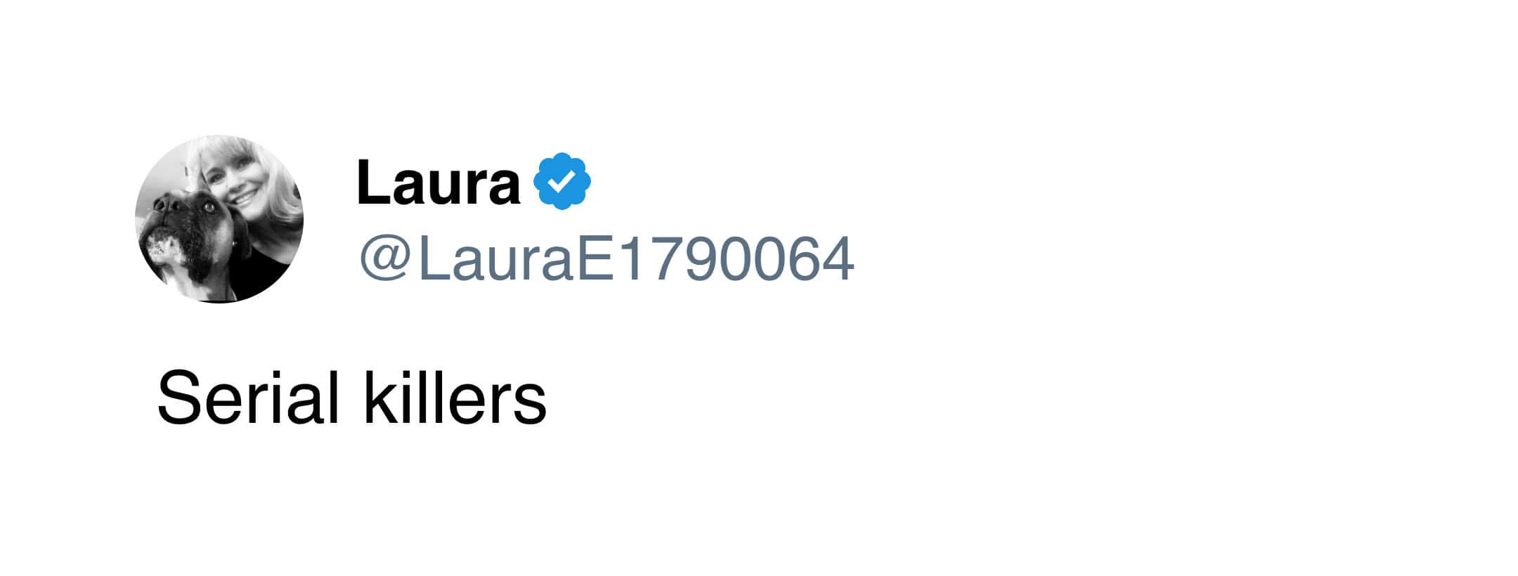 Tweet from user Laura listing serial killers as a Gen X childhood irrational fear in one word