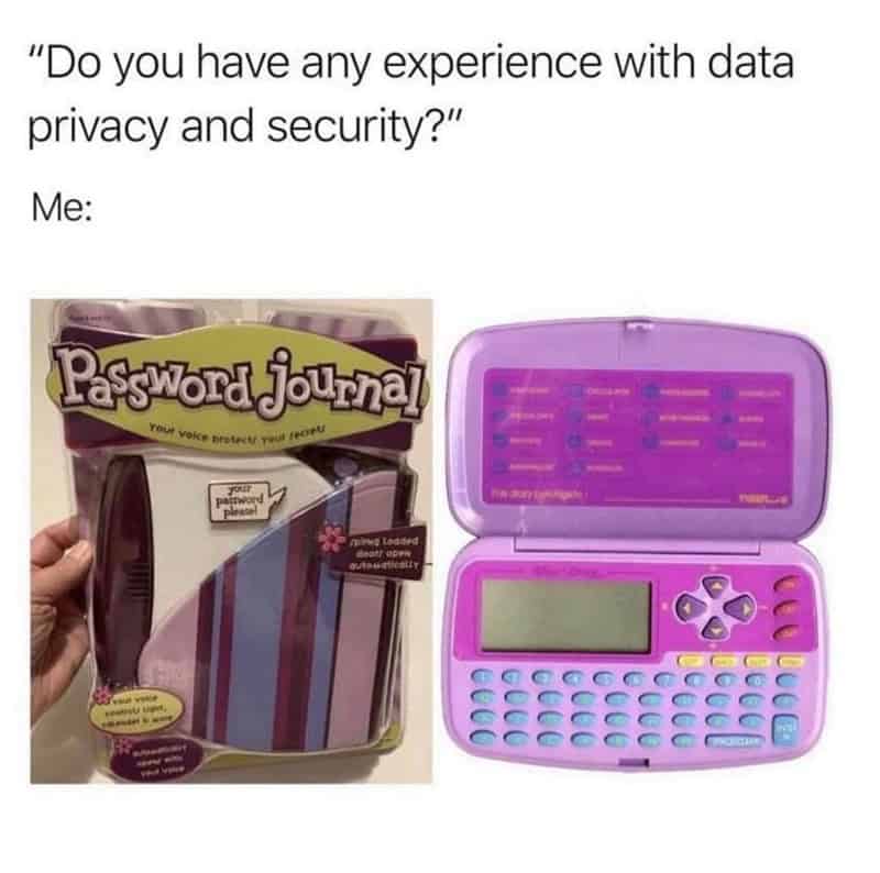 A nostalgic getting old meme regarding early tech literacy. It pairs the question "Do you have any experience with data privacy and security?" with photos of a vintage electronic "Password Journal" toy, a staple of early-2000s girlhood privacy.