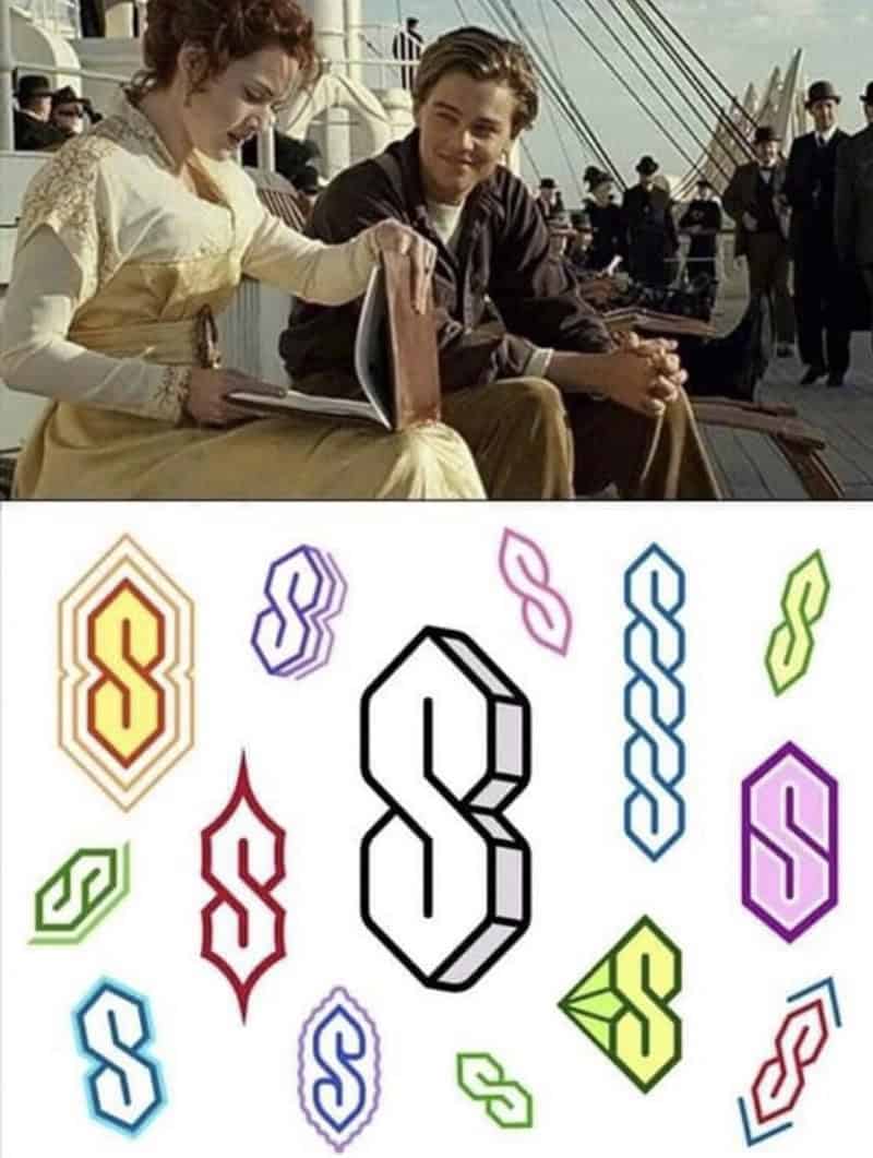 nostalgic getting old meme collage. The top panel shows Jack and Rose from Titanic looking at a sketchbook, while the bottom panel reveals what was "drawn": a collection of various colorful "Cool S" (Super S) doodles, the universal symbol of 90s schoolyard boredom.