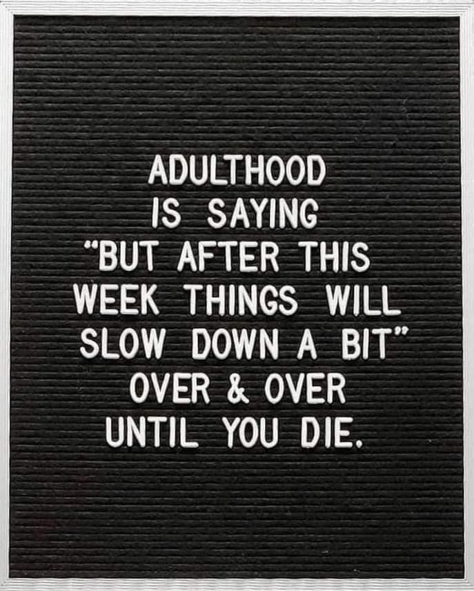 A blunt adulting meme displayed on a black felt letter board. The white text reads: "ADULTHOOD IS SAYING 'BUT AFTER THIS WEEK THINGS WILL SLOW DOWN A BIT' OVER & OVER UNTIL YOU DIE."