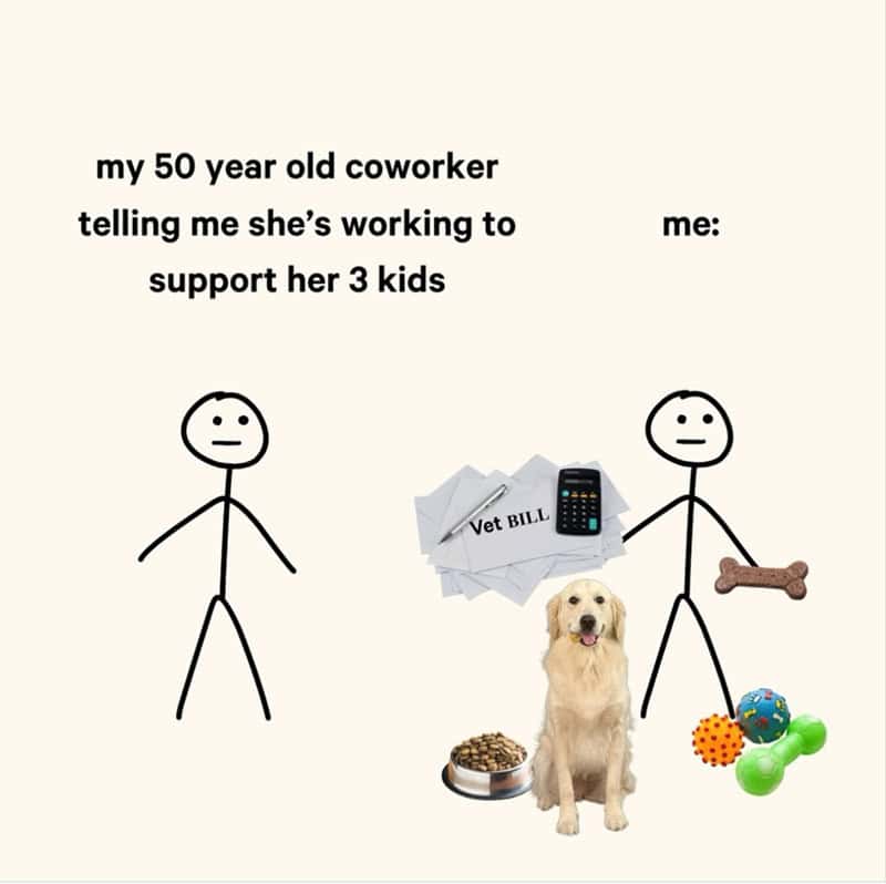 Stick figures comparing supporting three kids to supporting a dog with vet bills.