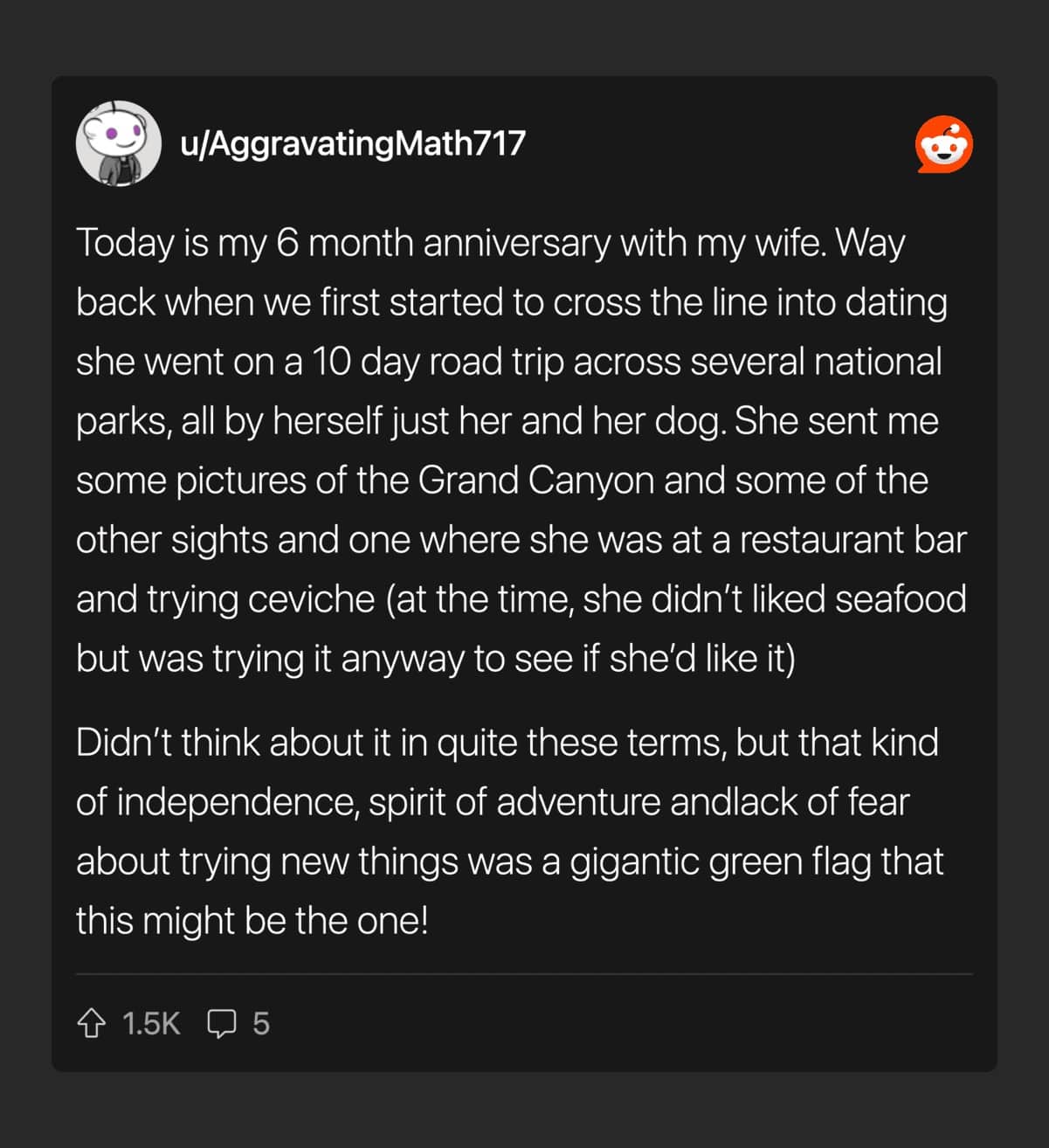 Green flags for women Reddit reply about an independent girlfriend's solo national park trip and fearless willingness to try new foods.