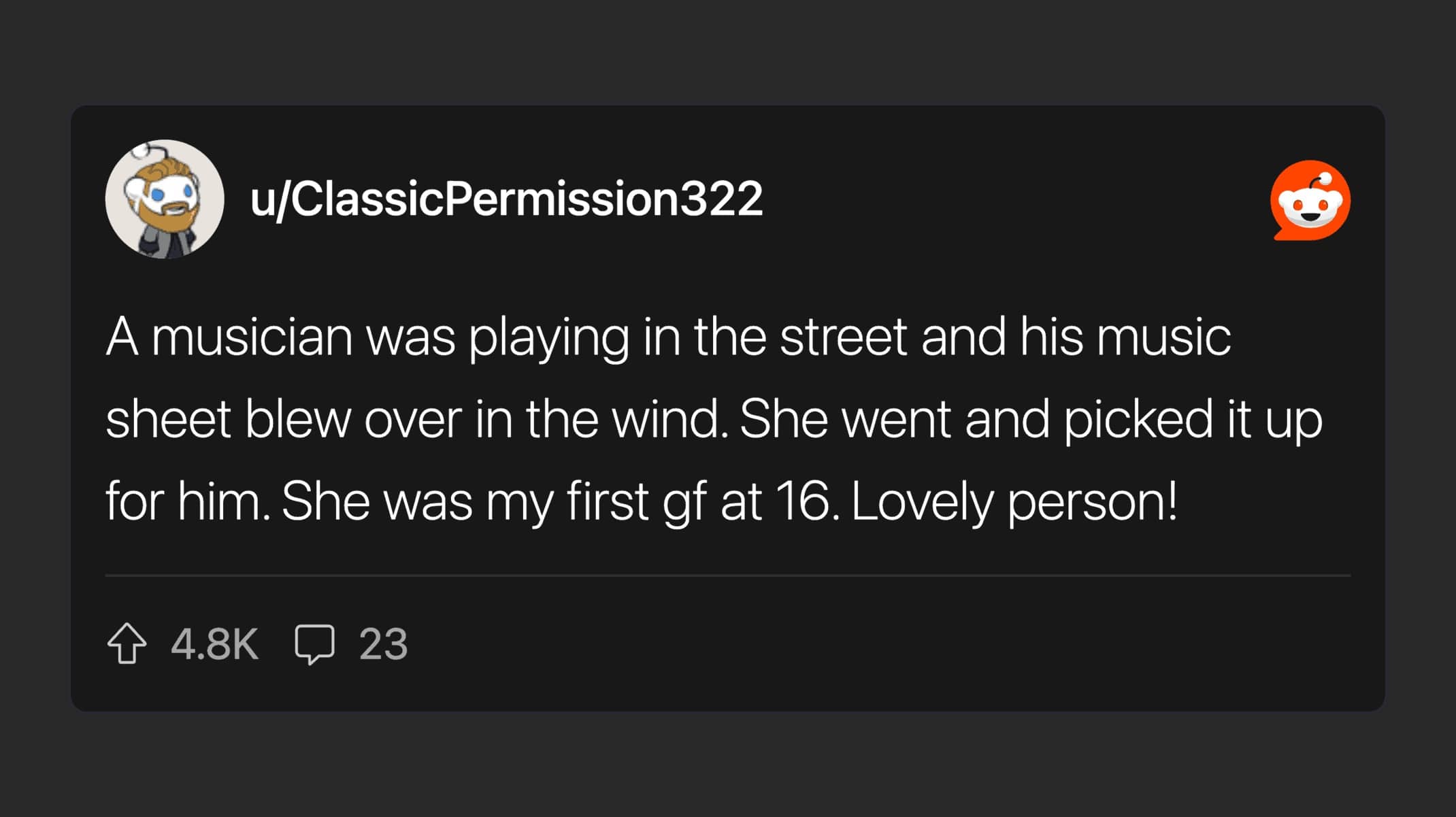 Green flags for women Reddit story of a first girlfriend kindly returning a street musician's sheet music blown by wind.