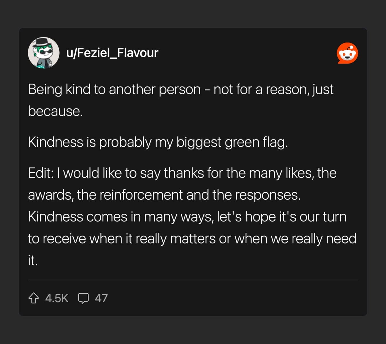 Green flags for women Reddit comment stating kindness to others without reason is the biggest green flag.