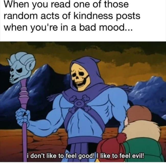 A screenshot of Skeletor from the He-Man cartoon looking dramatically evil. This grumpy meme mocks the specific irritation of seeing wholesome "random acts of kindness" posts when you are deeply committed to being in a bad mood.