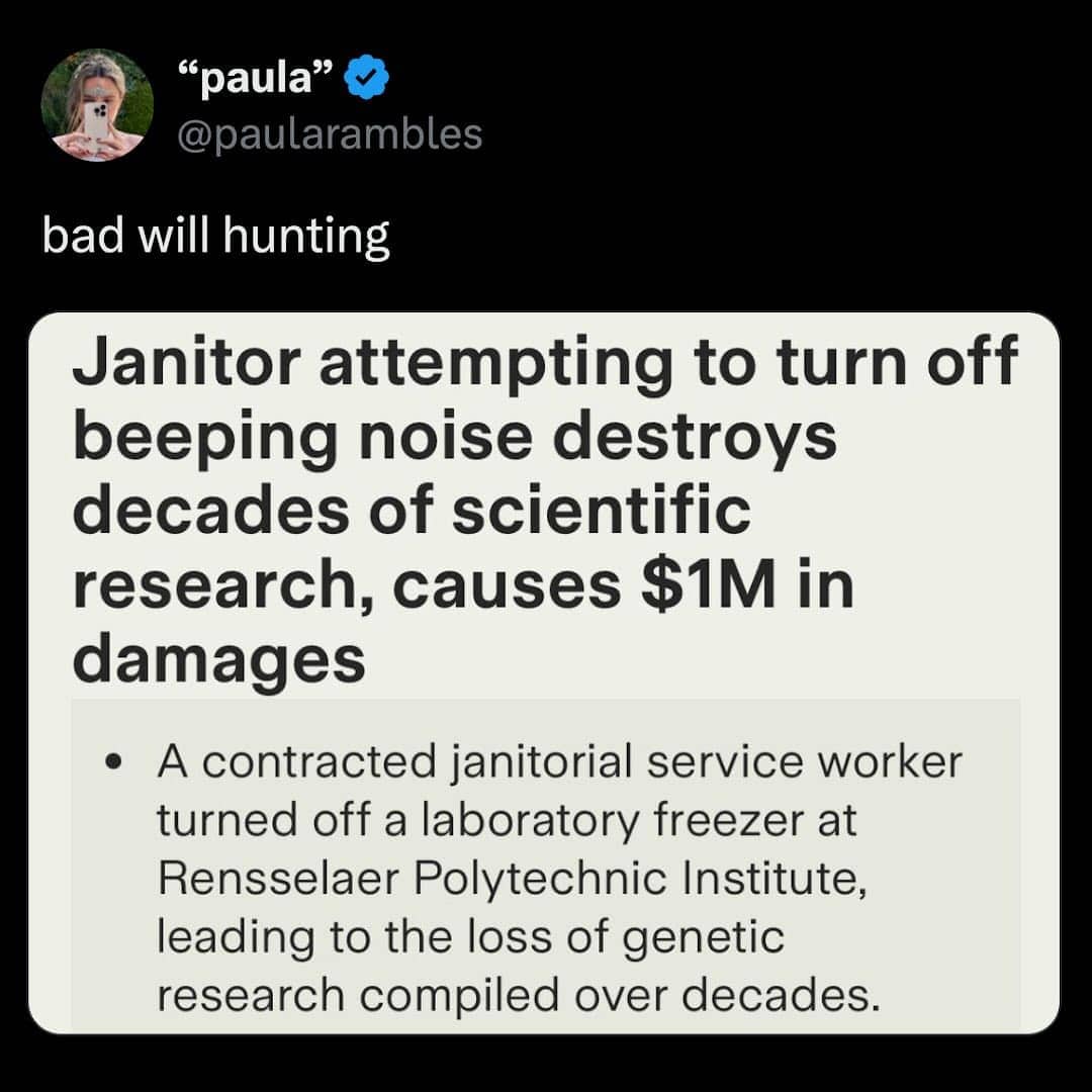 Headline about a janitor destroying research by turning off a beeping freezer. Caption 1-3