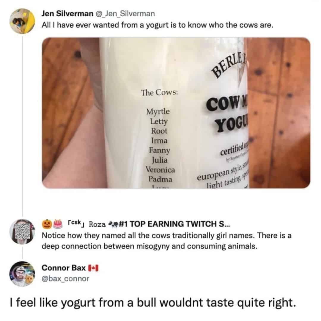 Social media thread arguing about cow names in yogurt and a "bull yogurt" joke.