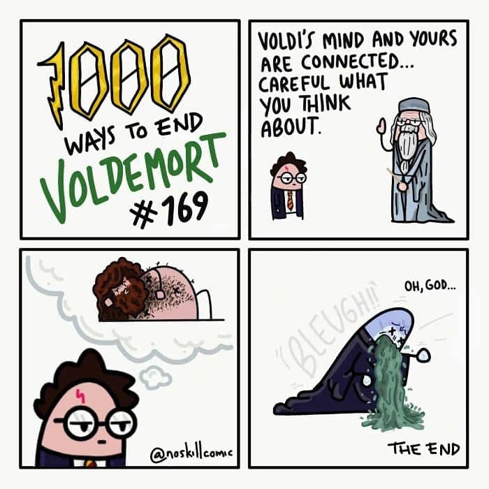 1000 Ways to End Voldemort comic #169 shows Harry weaponizing a mental image of Hagrid's backside through their psychic link.