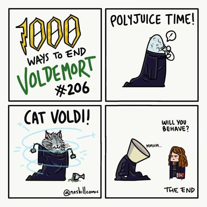 1000 Ways to End Voldemort comic #206 shows Polyjuice Potion turning Voldemort into a cat scolded by Hermione