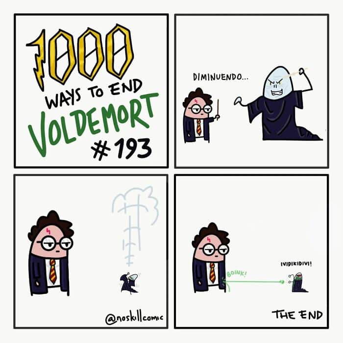 1000 Ways to End Voldemort comic #193 shows Voldemort shrunk by Diminuendo and casually flicked away by Harry.