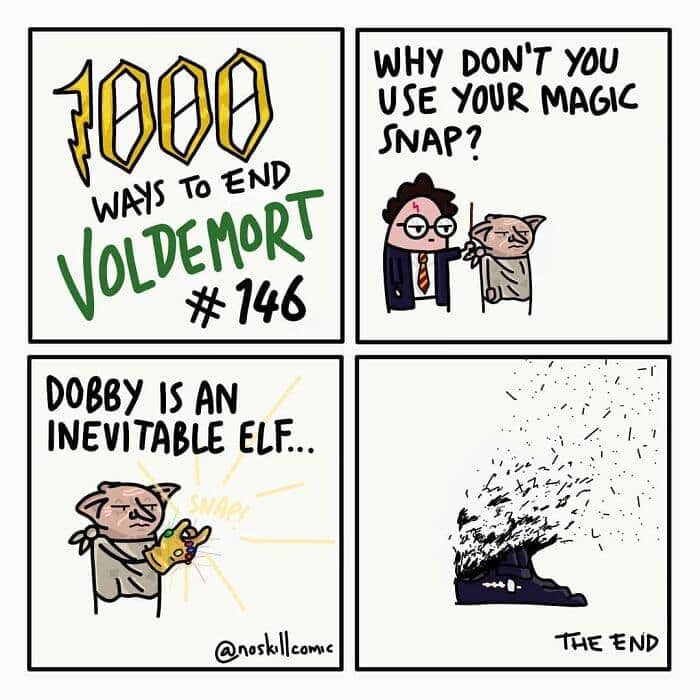 1000 Ways to End Voldemort comic #146 parodies Avengers Endgame with Dobby snapping Voldemort into dust.