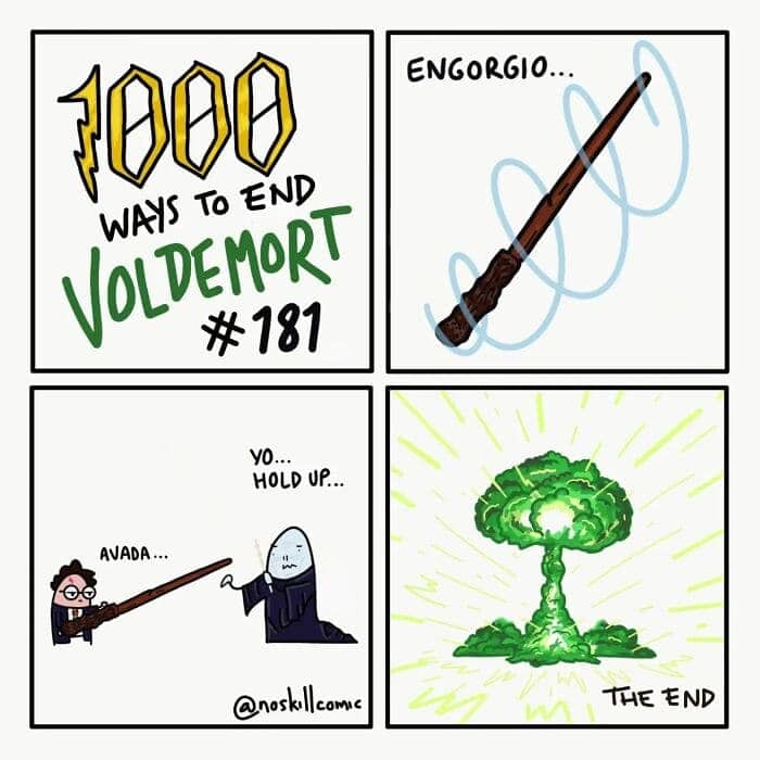 1000 Ways to End Voldemort comic #181 shows Harry using Engorgio on his wand to cast a nuclear-scale killing curse